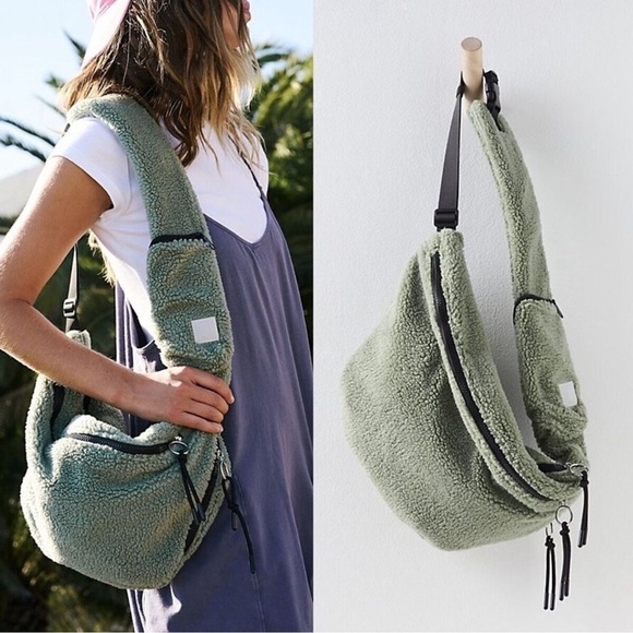 NEW! Free‎ People Overachiever Sherpa Sling Bag Large in Sage Green - Picture 1 of 8